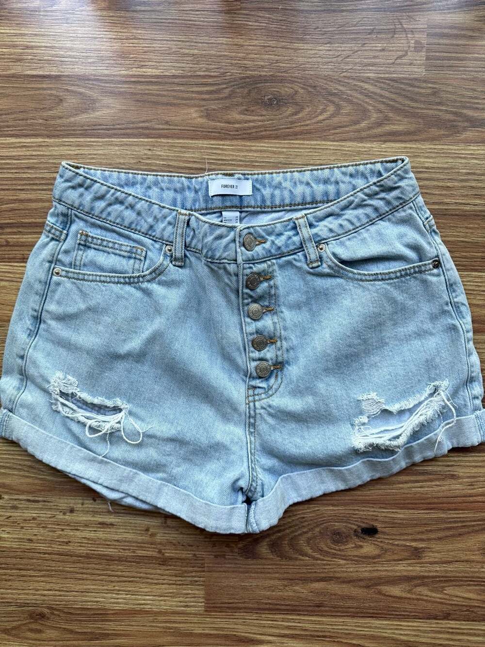 Forever 21 Light Wash Distressed Button-Fly Denim Shorts
